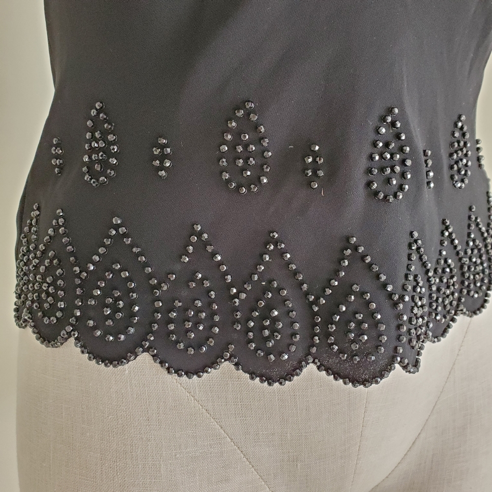 90s Vintage Black Cowl Neck Top with beaded scalloped trim and strappy back - Picture 4 of 5
